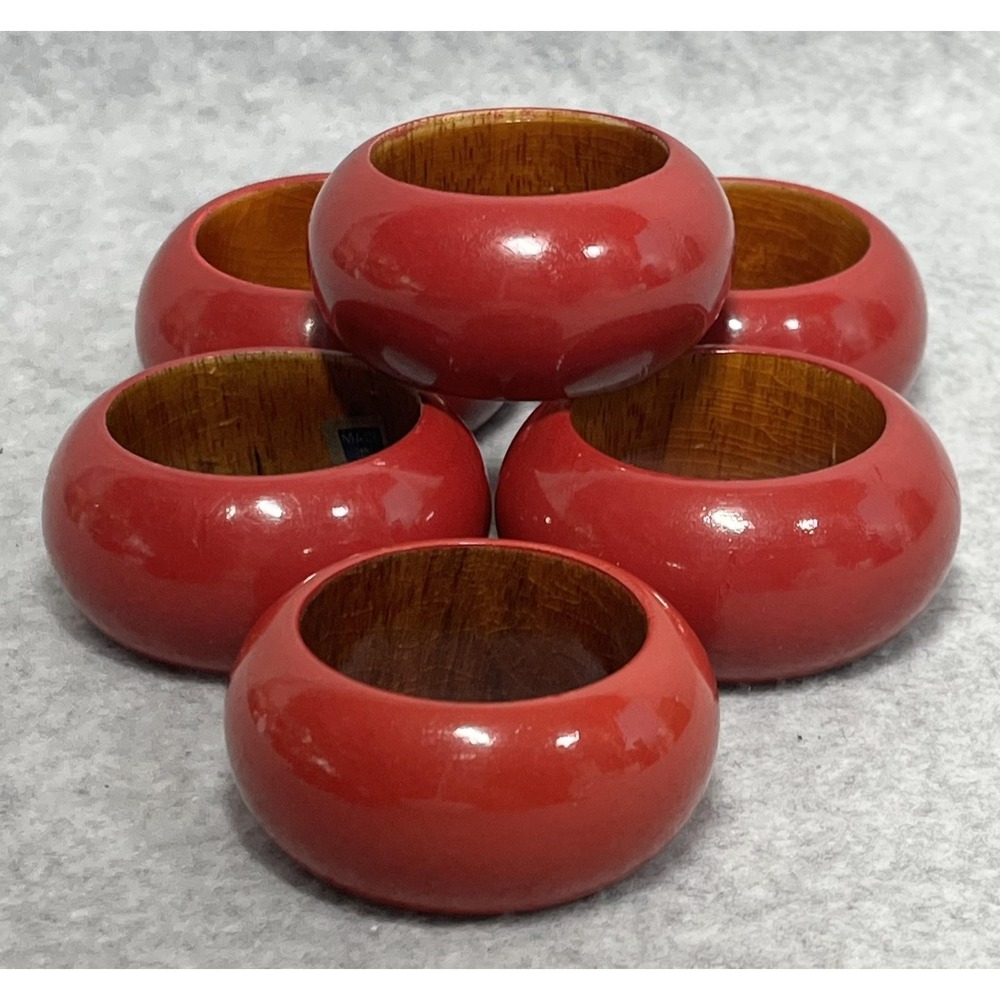 Red Lacquer Wood Napkin Rings Set of 6 Round Made in India Table Decor‎ Dining